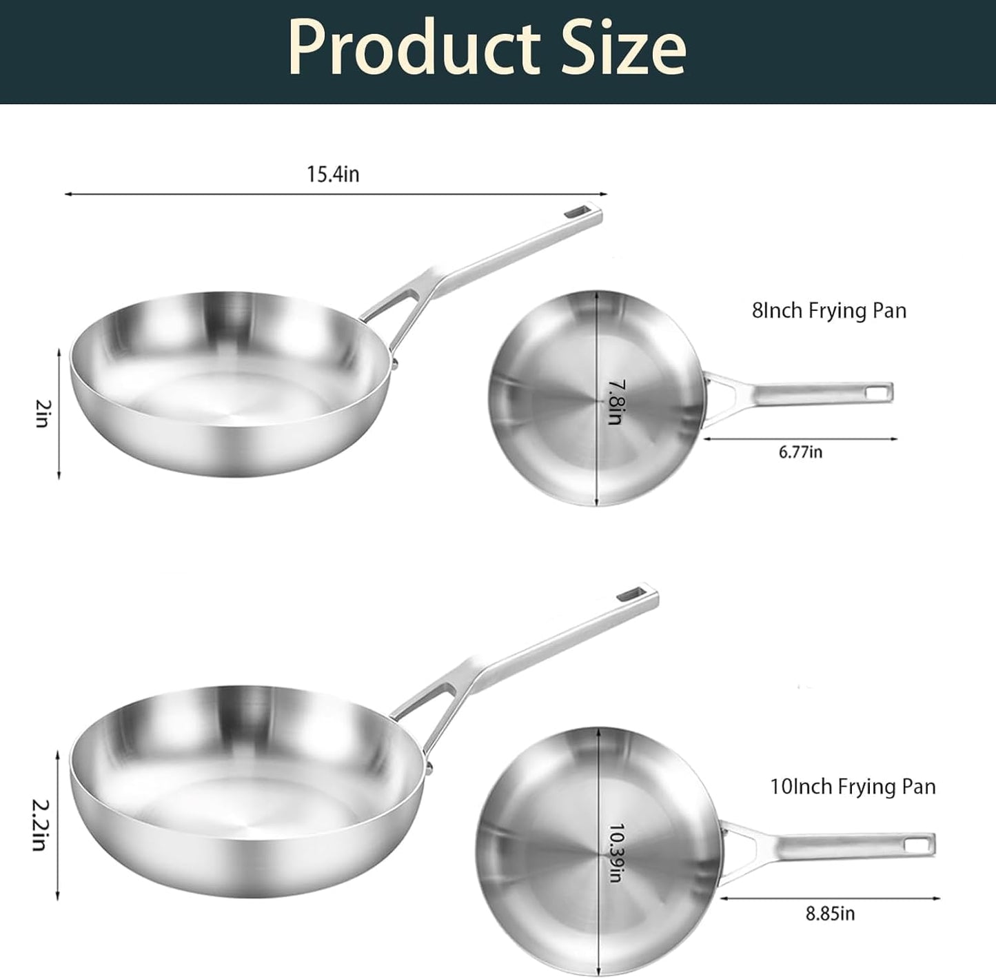 Tri - Ply Stainless Steel Frying Pan Set 8" 10" Skillets with Tempered Glass Lids Durable, Ideal for Eggs, Induction Compatible up to 600°F