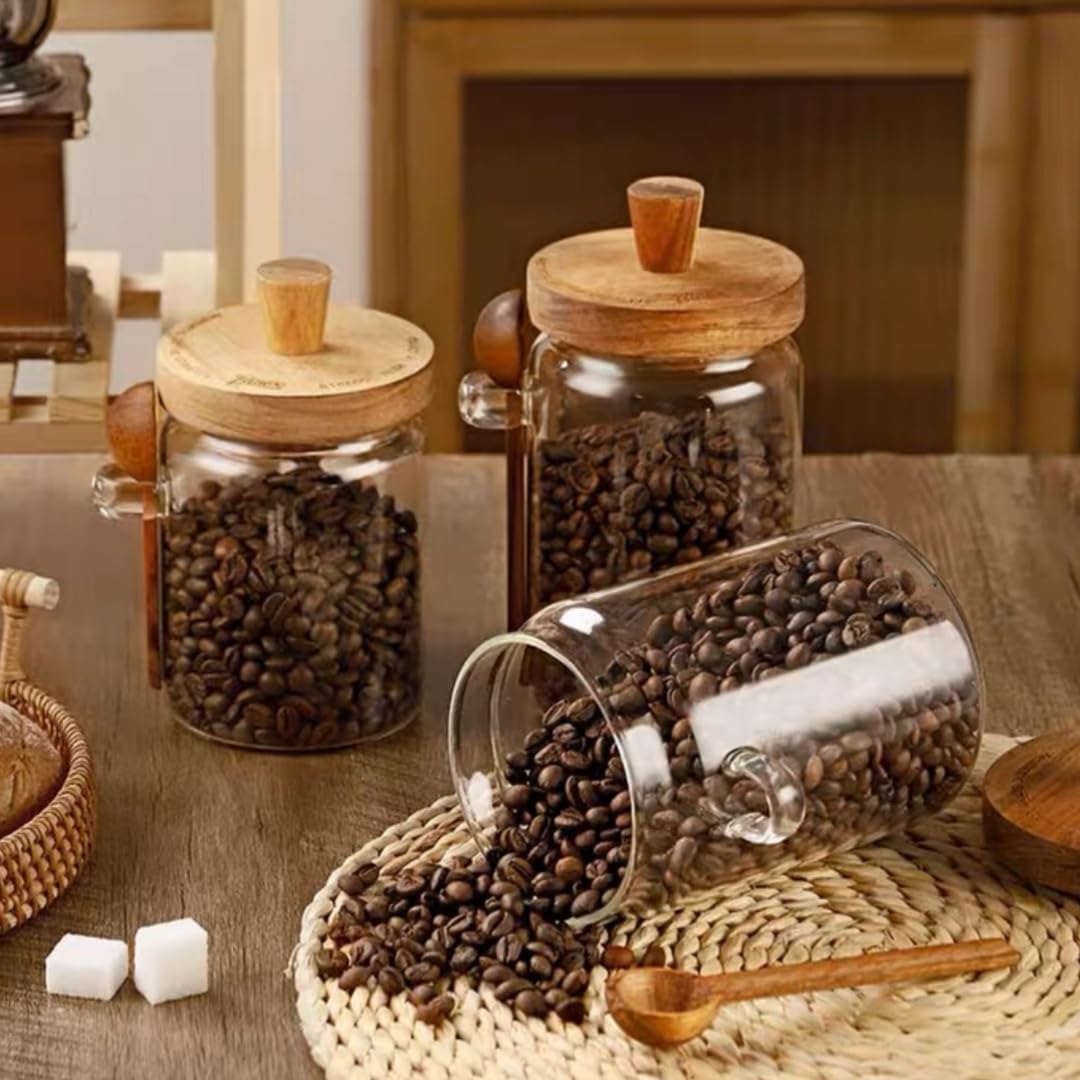 Glass Jar with Wooden Lid & Spoon, 27oz Food Storage Containers Coffee Jar Coffee Grounds Container, Glass Food Storage Canister (1 Pack)