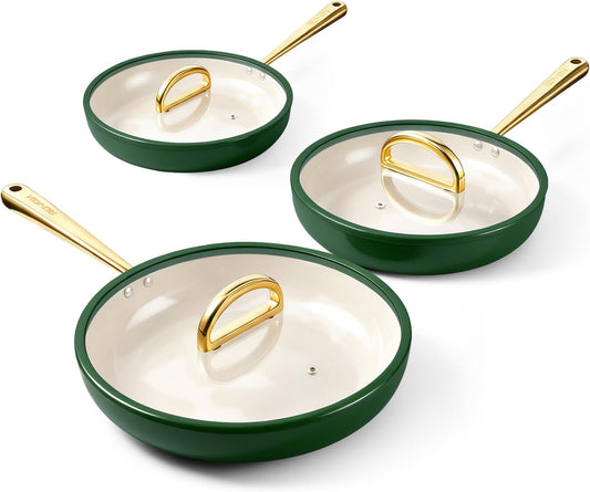 ROYDX Titanium Ceramic Nonstick Fry Pan Set 8", 10" and 12" Frying Pan Skillet Set with Glass Lids-Non Toxic, PTFE & PFOA Free - Oven Dishwasher Safe & Compatible with All Stovetops-Pine Green