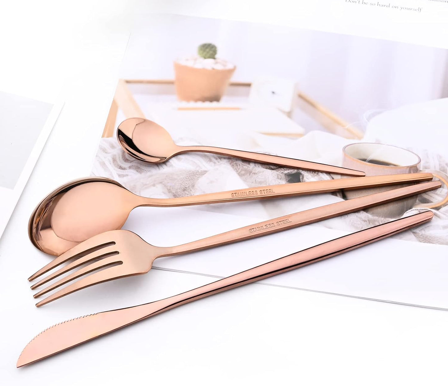 24-Piece Mirror Copper Polished Flatware, 18/0 Stainless Steel Dinnerware Set Include Knife Fork Spoon Teaspoon Cutlery Set For Home Restaurant and Party Service For 6, Dishwasher Safe