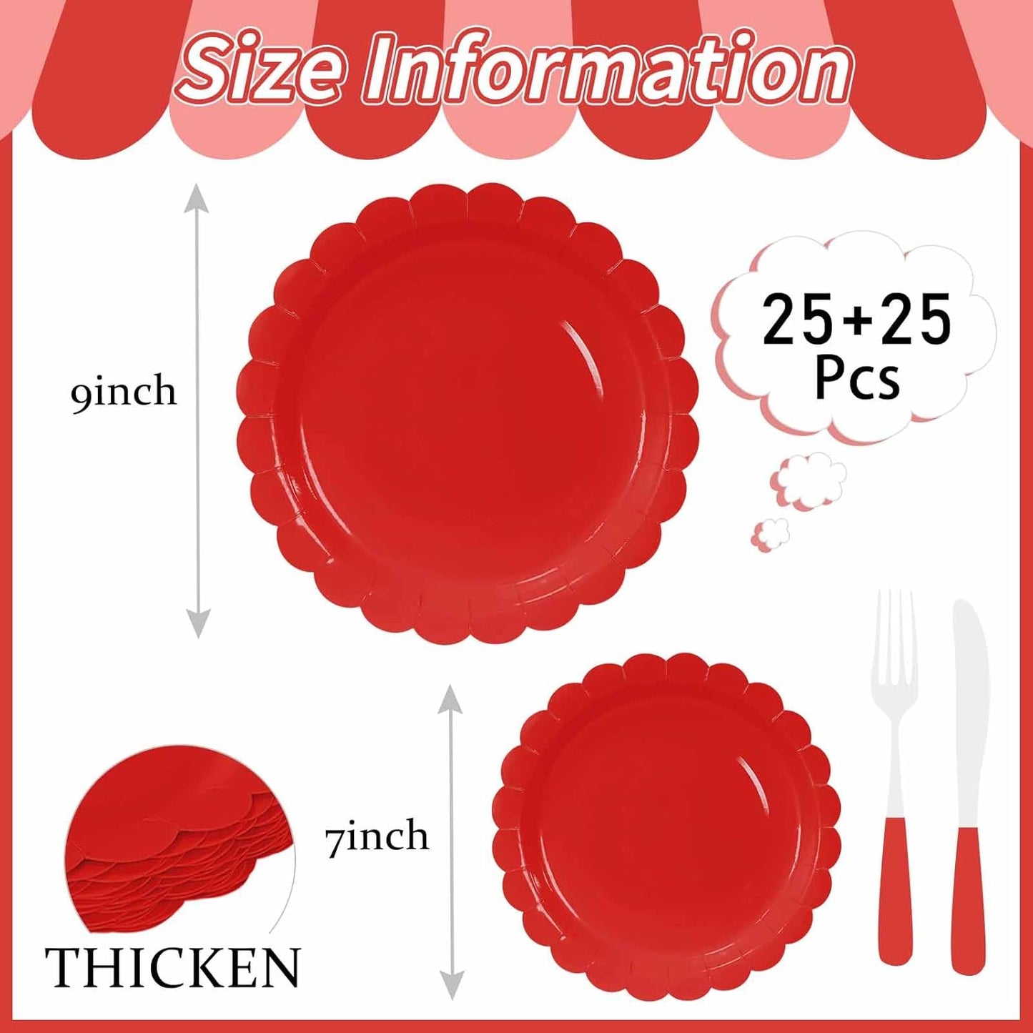 50 Pcs Red Scalloped Paper Plates 25 × 7'' and 25 × 9'' Disposable Red Scalloped Dinner Plates for Wedding Baby Shower Birthday Party Disposable Dessert Plate