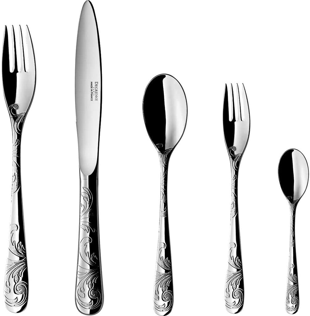 Degrenne Luxury French Cutlery Set - 5 Piece Silverware Set, Includes Forks, Spoons & Knife, Stainless Steel Flatware, Dishwasher Safe, Made in France - Aquatic Couture Collection