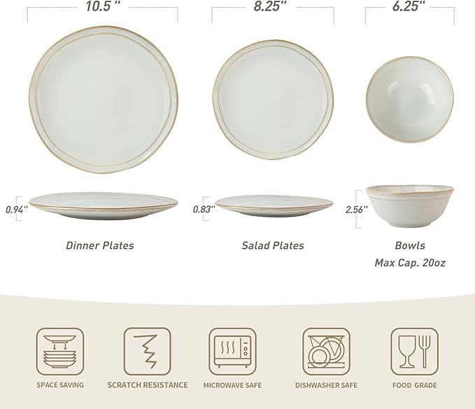 Famiware Aegean Stoneware Dinnerware Set for 8, Plates and Bowls Sets, 24 Pieces Scratch Resistant Dinner Set, Handmade Irregular Round Dishes - Microwave and Dishwasher Safe, Cappuccino White