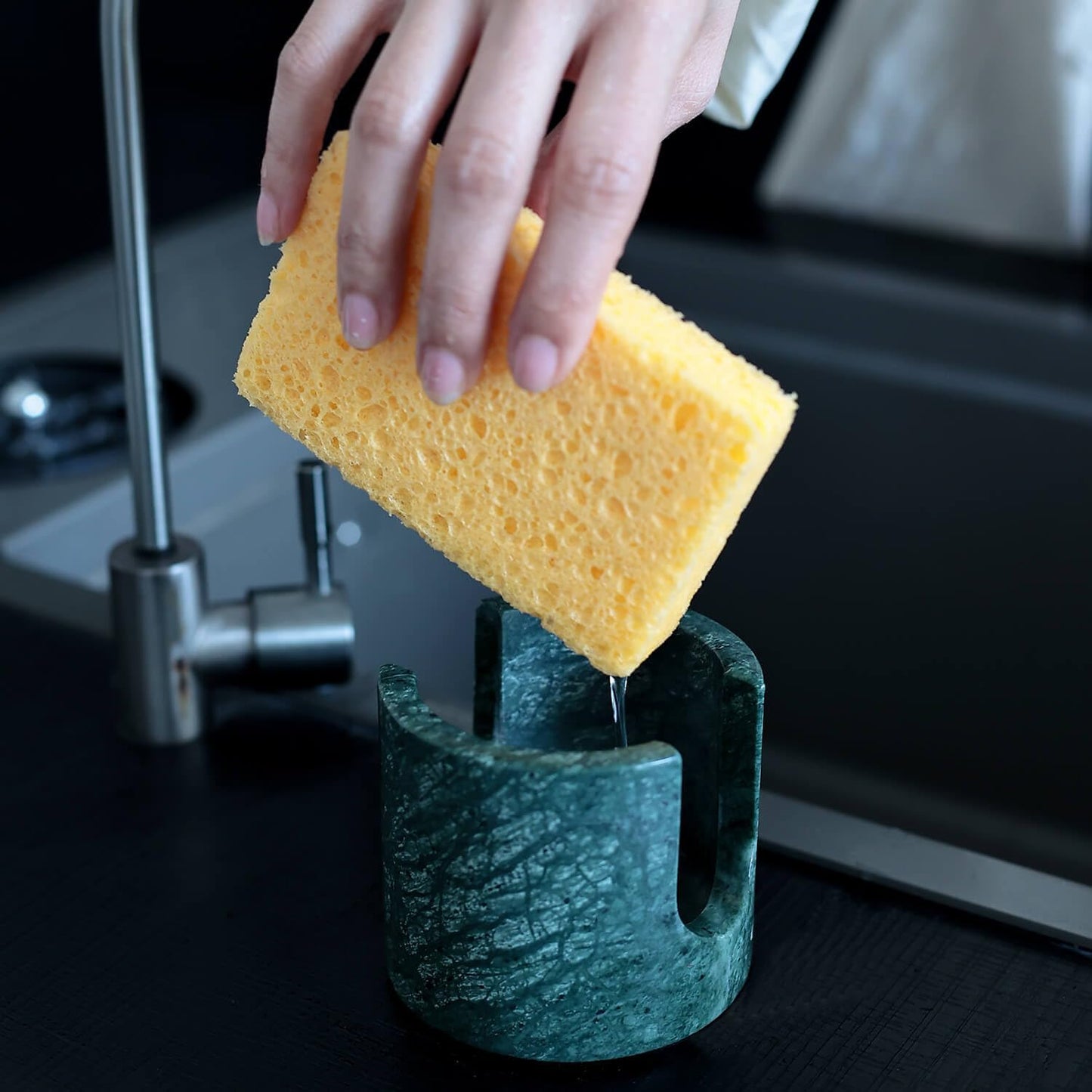 Travertine Marble Sponge Holder for Kitchen Counter - Natural Stone Dish Drying Rack, Sponge Caddy for Sink Organizer - Durable & Stylish Kitchen Decor (India Green Marble)