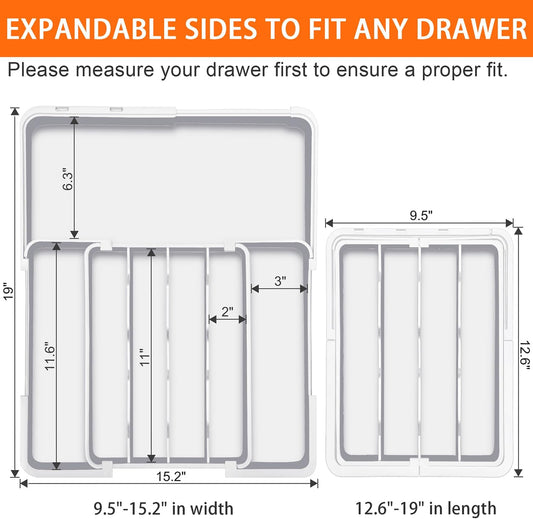 Silverware Organizer - Expandable Kitchen Drawer Organizer, BPA-Free Food-Safe Utensil Drawer Organizer with 7 Compartments, Deep Cutlery Tray for Forks, Knives, White