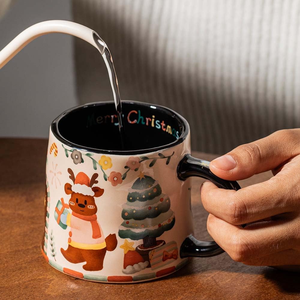 280ml/9.47oz Set of 2 Christmas Coffee Ceramic Mugs with Cute Design,Christmas Coffee Cup with Gift Box,Ceramic Mug as Christmas Gifts for Family, Friends and Colleagues