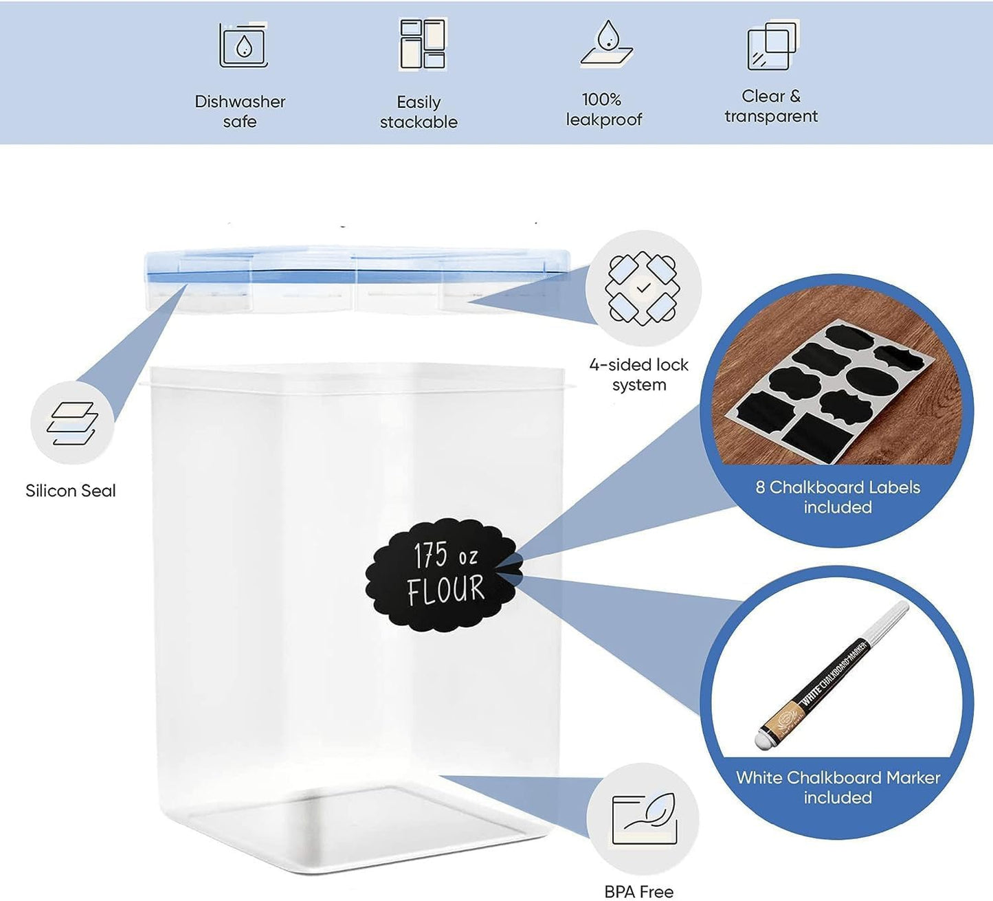 Chef's Path Extra Large Airtight Food Storage Containers with Blue Lid Color, Pack of 6, Kitchen and Pantry Canisters for Flour, Sugar, and Baking Supplies, Includes Measuring Spoons, Labels, and Pen