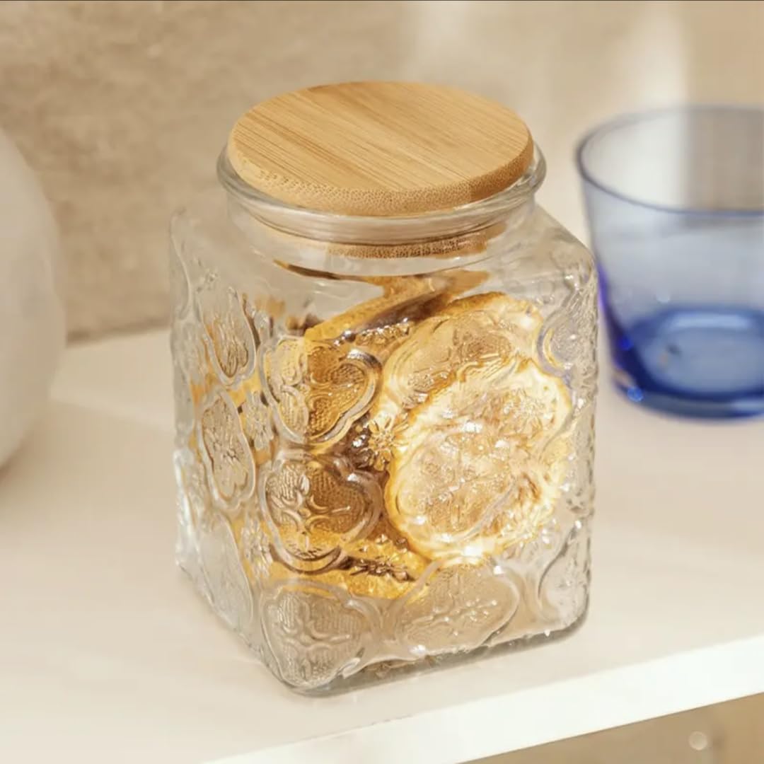 25.3oz Airtight Square Glass Jar, Vintage Decorative Storage Canister with Bamboo Lid, Glass Food Storage Container for Candy Snack Cookies Coffee Tea Nuts, Cute Jar (Square Begonia)