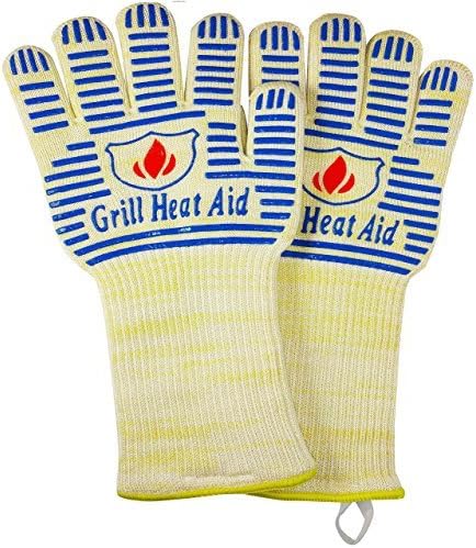 GRILL HEAT AID BBQ Grill Gloves 1472°F - Extreme Heat Resistant Oven Mitts for Grilling, Smoker & Fire Pit with Silicone Grip & EN407 Cut Resistance - Long Cuff (Small Palm), White & Blue