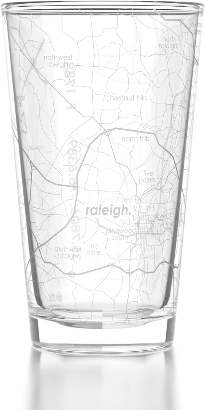 Well Told Engraved Raleigh North Carolina Map Pint Glass, Etched Beer Gift (16 oz, Clear) City Map Pint, Custom City Glassware, Gifts For Beer Lovers