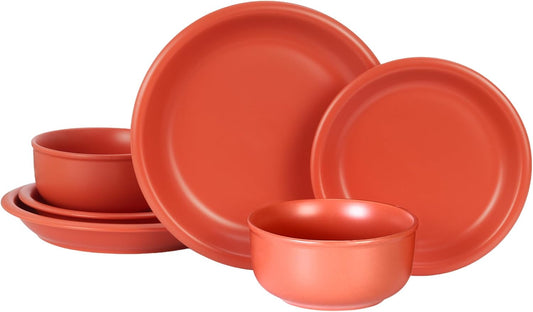 GZG Vintage Series - Ceramic Dinnerware Set for 2, 6 Pieces Stoneware Plates and Bowls Set, Lead-Free, Handcrafted Dishes Set, Microwave & Dishwasher Safe - Terracotta Red