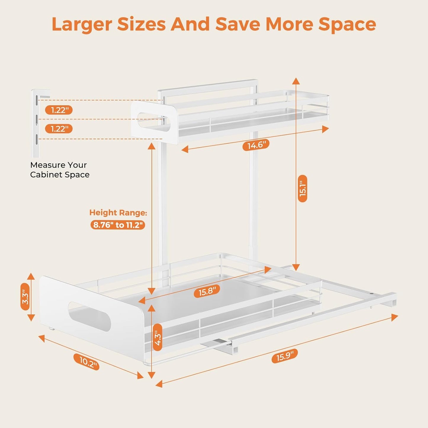 Delamu 2 Pack Metal Bathroom Organizers and Storage, 2 Tier Pull Out Under Sink Organizer for Kitchen Bathroom, Adjustable Under Sink Shelf for Multipurpose Cabinet Organizer, White