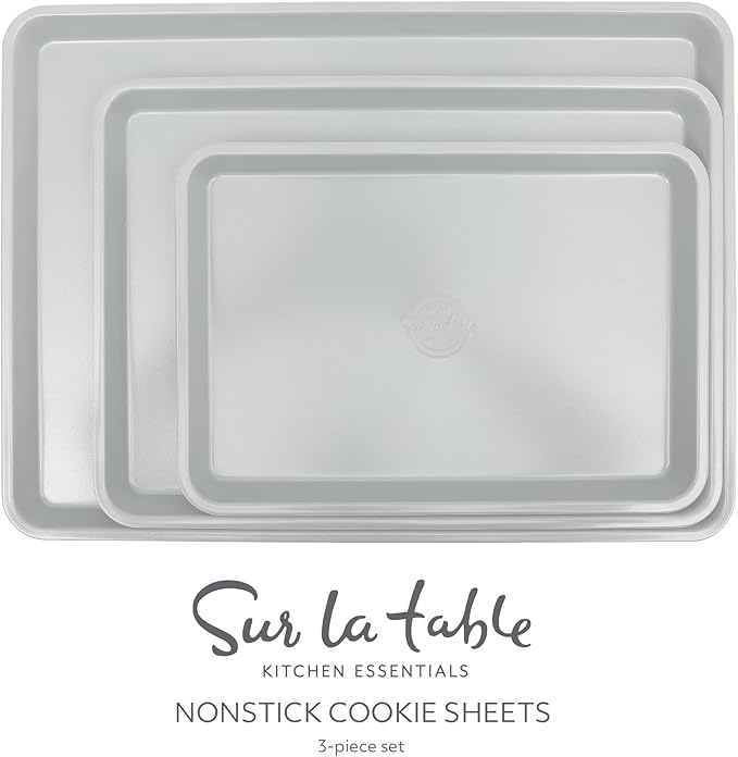 Sur La Table Kitchen Essentials Bake Sale 3-Piece Cookie Sheet Set – Nonstick Carbon Steel Baking Pans (13, 15, 18 Inch) – Grey Easy-Clean Oven Trays for Cookies, Roasting & More