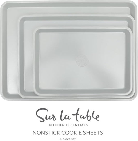Sur La Table Kitchen Essentials Bake Sale 3-Piece Cookie Sheet Set – Nonstick Carbon Steel Baking Pans (13, 15, 18 Inch) – Grey Easy-Clean Oven Trays for Cookies, Roasting & More