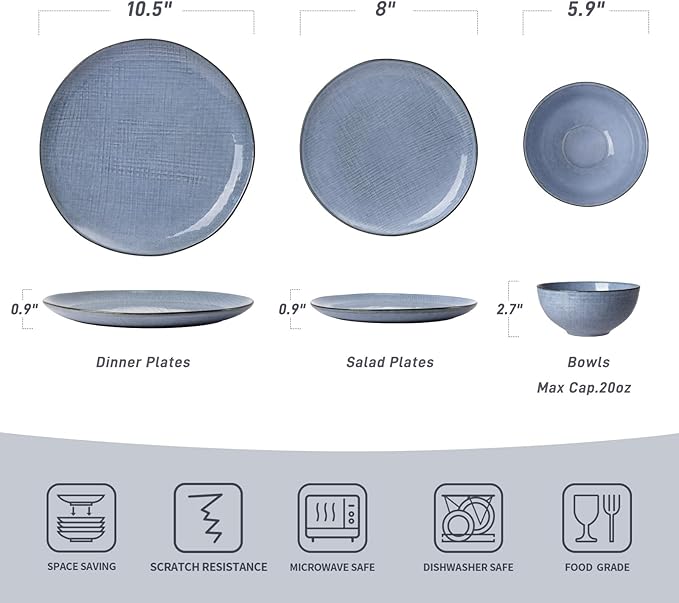 Famiware Moonlight Plates and Bowls Sets, 12 Pieces Stoneware Dinnerware Sets with Linen Finish, Handmade Dishware Set for 4, Microwave and Dishwasher Safe, Chip and Scratch Resistant, Blue