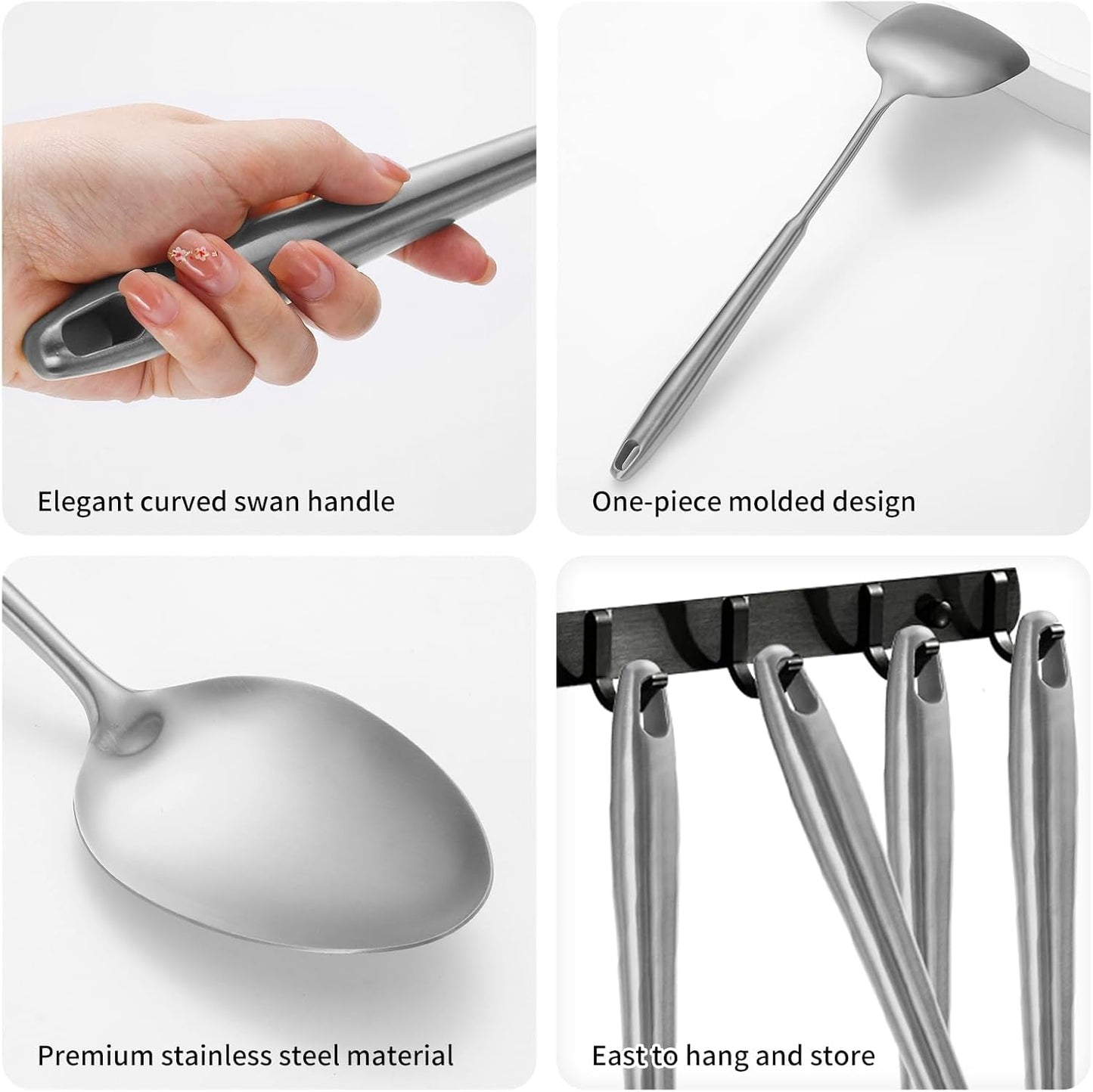 304 Stainless Steel Cooking Utensils,6 Pcs Kitchen Cooking Utensils Set with Spatula, Solid Spoon, Ladle, Skimmer, Spaghetti Spoon,Dishwasher Safe