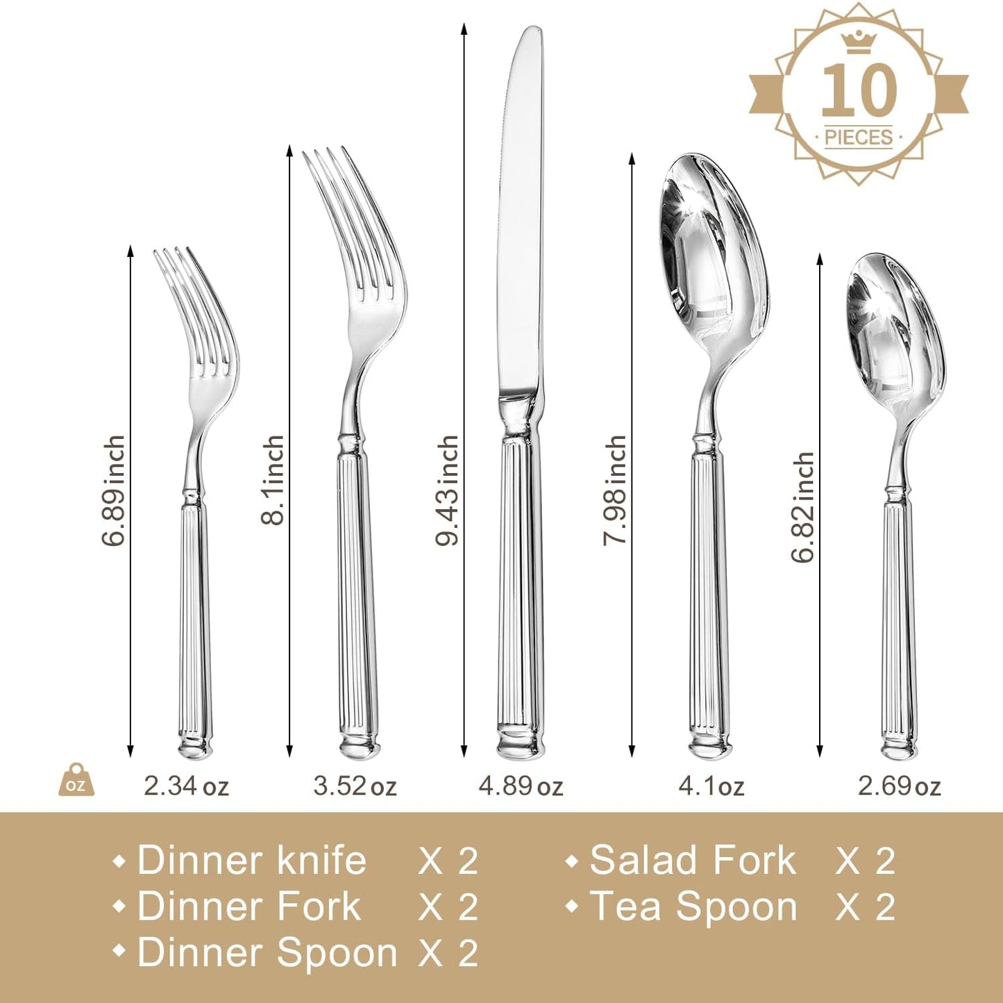 KINGSTONE Silverware Set, 10-Piece 18/10 Stainless Steel Flatware Set - Roman Column Embossed Thick Handle, for Wedding, Home, Restaurant, Kitchen and Party, Mirror Polish & Dishwasher Safe