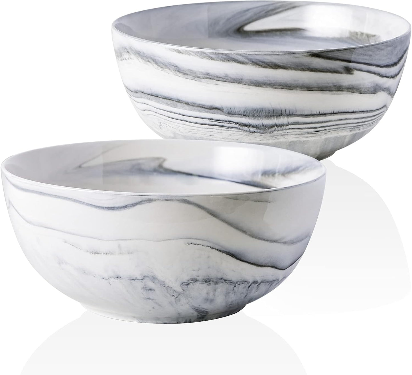 Yundu 9'' Deep and Large Mixing Bowls,84 oz Porcelain Serving Bowls for Pasta Fruit Soup Salad, Set of 2-Grey Marbled