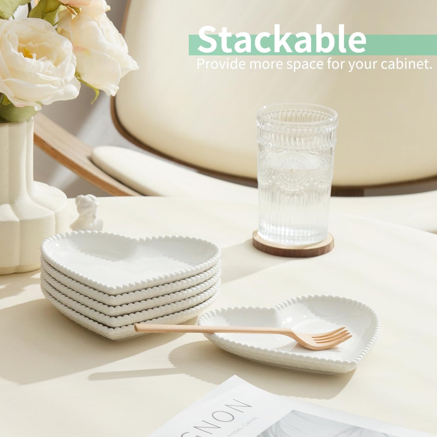 OMAYKEY 6.3 Inch Ceramic Dessert Plates Set of 10, Small Salad Plates, Porcelain Heart Shaped Appetizer Plates, Dinner Plates for Cake, Snack, Ice Cream, Microwave, Oven, Dishwasher Safe, White