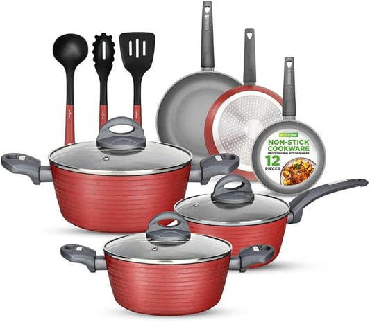 NutriChef Professional 12-Piece Red Nonstick Cookware - PFOA/PFOS-Free, Heat Resistant Lacquer, Elegant Design, Multi-Sized Pots and Pans