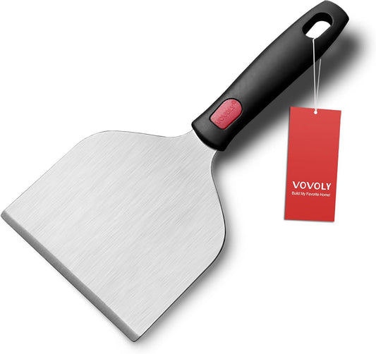 Vovoly Wide Griddle Scraper, 4.3“x4.3'' Smashed Burger Scraper Grill Scraper Spatula Burger Turner - Full Tang Silicon Handle Professional Grade Grill Accessories, Knife Grade Stainless Steel