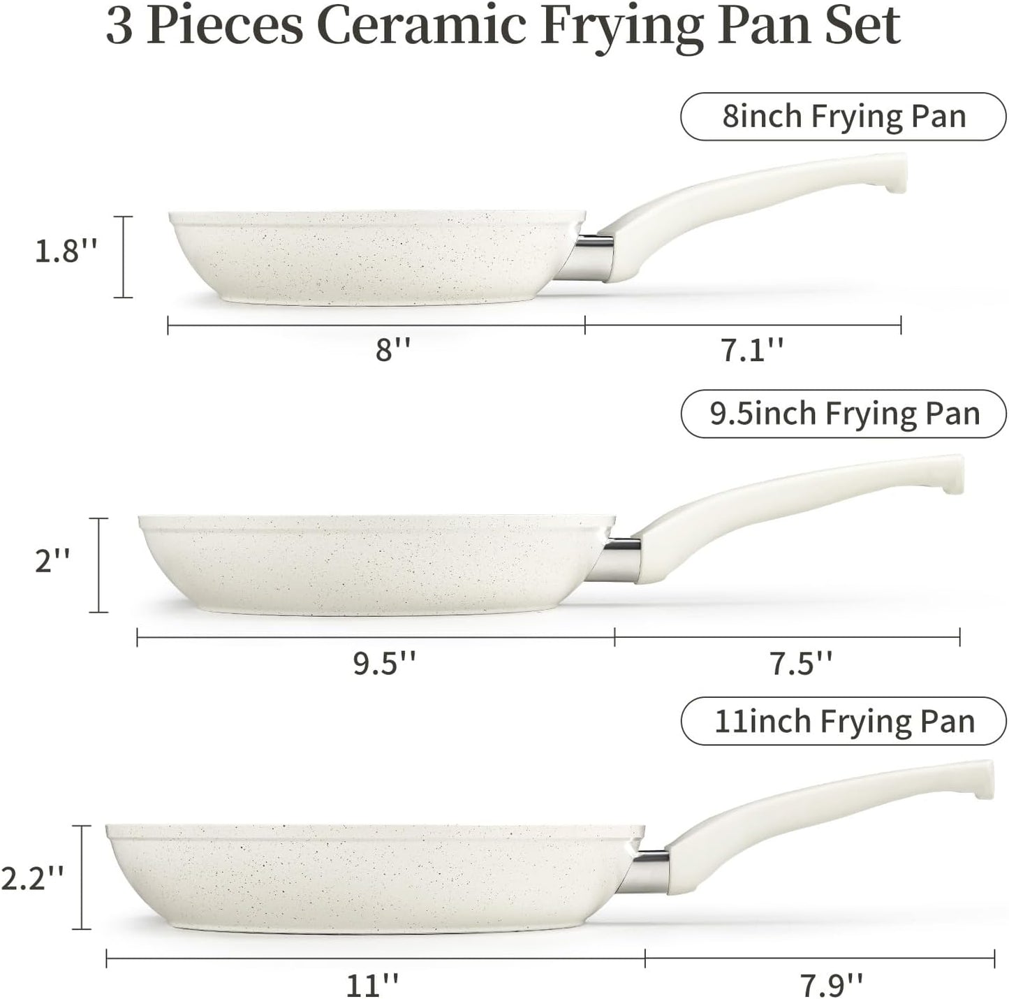 Innerwell Ceramic Frying Pan Set, Set of 3 Non Stick Frying Pans, White Ceramic Induction Cookware, Nonstick Skillet Omelette Egg Frying Pan Set, kitchen Cooking Pan Set, PFOA&PFAS Free