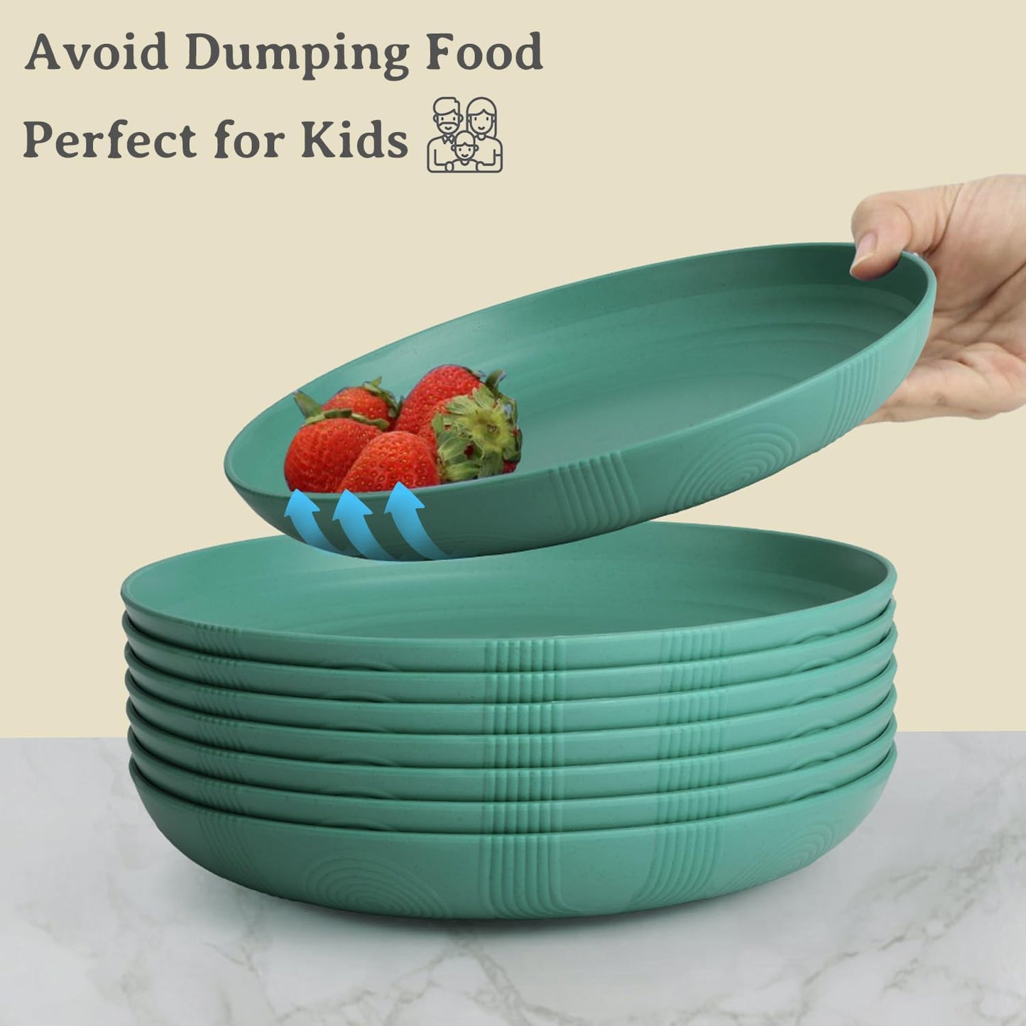 Wrova Wheat Straw Plates - 9 Inch Unbreakable Dinner Plates Set of 8 - Dishwasher & Microwave Safe Plastic Plates Reusable for Kitchen and Camping (Green)