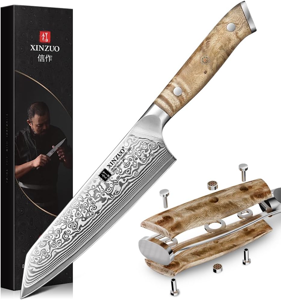 XINZUO Kiritsuke Chef Knife 5.8",Sharp Forged Damascus Stainless Steel Sharp Small Kitchen Knife,For Home & Restaurant,Full Tang Figured Sycamore Wood And Mosaic Copper Rivet Handle
