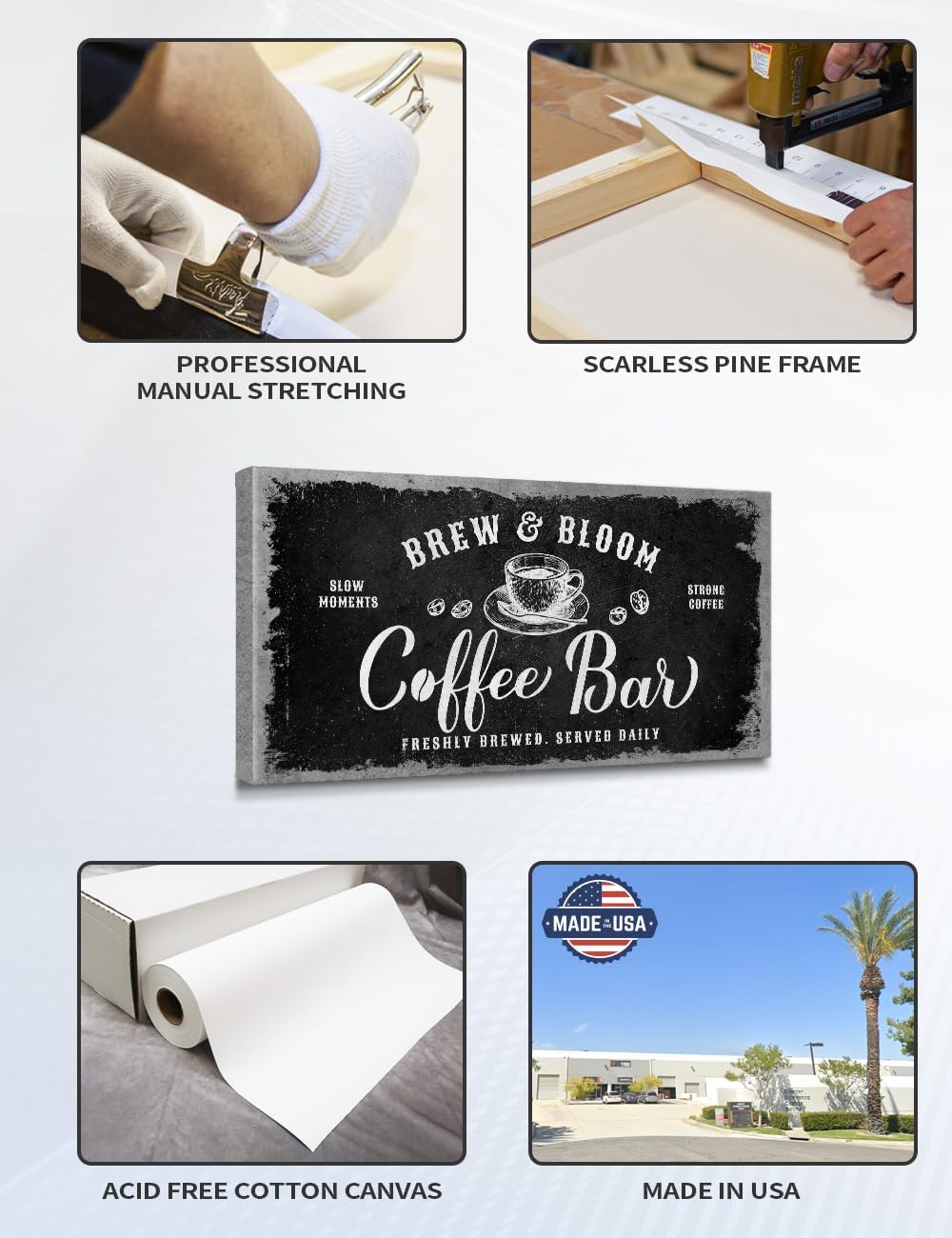 IPIC - Rustic Coffee Bar Sign Brew and Bloom, Canvas Print Wall Art for Coffee Station, Rustic Industrial Style Wall Decor for Home Kitchen and Cafe