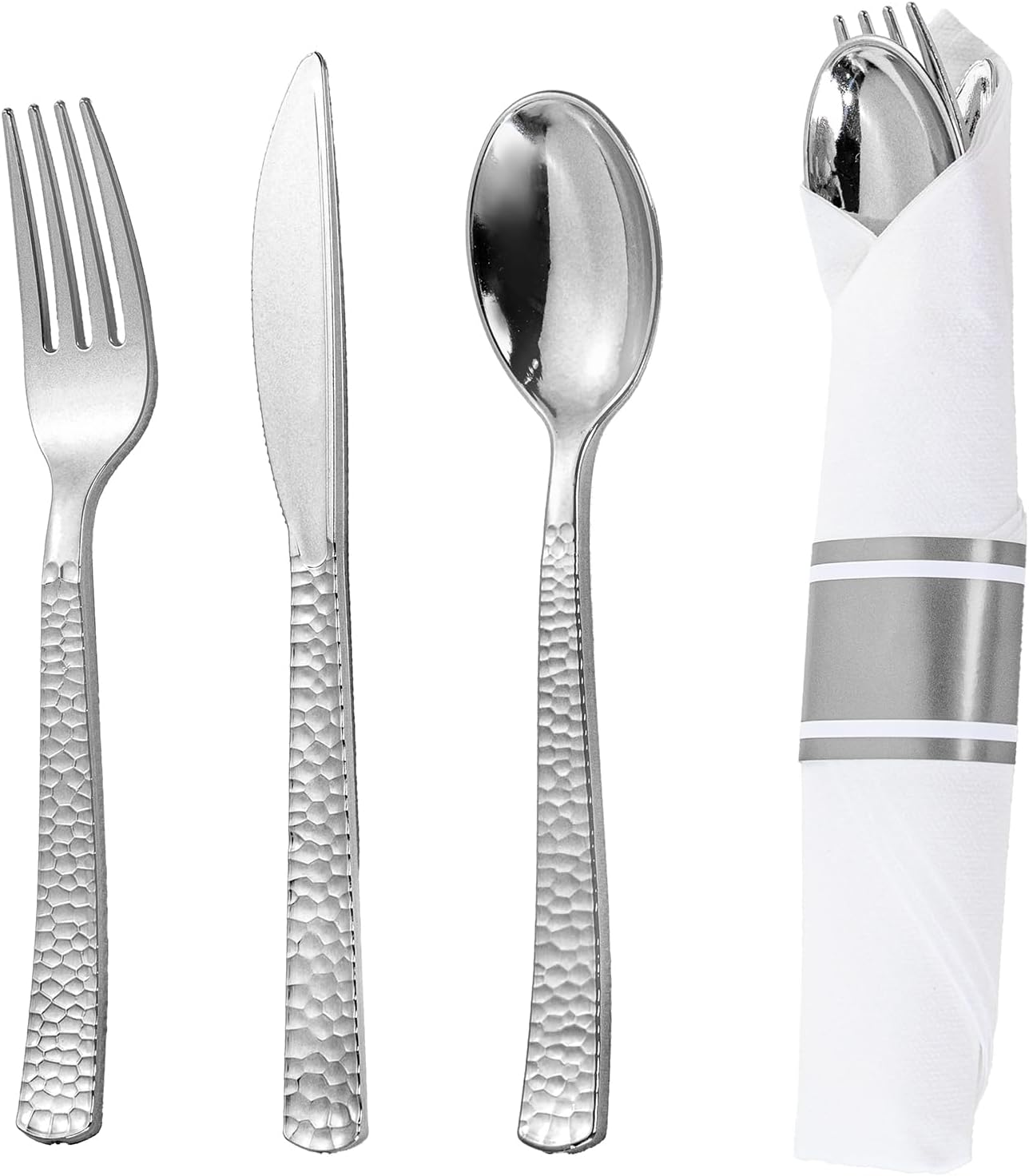 WELLIFE 300PCS Silver Plastic Silverware,Pre Rolled Silverware Set Disposable,Hammer Pattern Design,Disposable Cutlery Includes: 75 Forks, 75 Knives, 75 Spoons, 75 Napkins