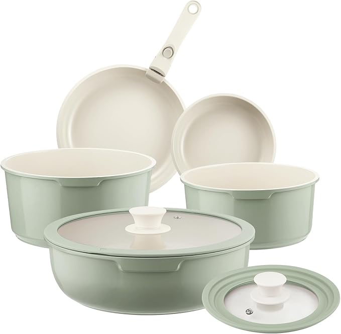 Ceramic Pots and Pans Set Non Stick Green, 8 Pcs Nonstick Cookware Set with Detachable Handle RV Camping Induction Kitchen Cookware Set Non Stick, PFAS PFOA & PTFE Free