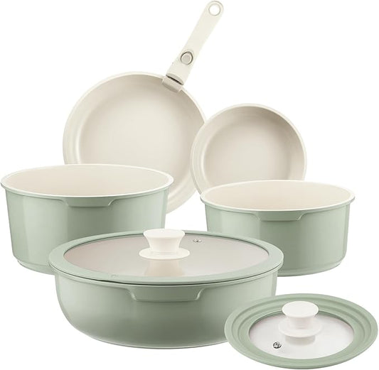 Ceramic Pots and Pans Set Non Stick Green, 8 Pcs Nonstick Cookware Set with Detachable Handle RV Camping Induction Kitchen Cookware Set Non Stick, PFAS PFOA & PTFE Free