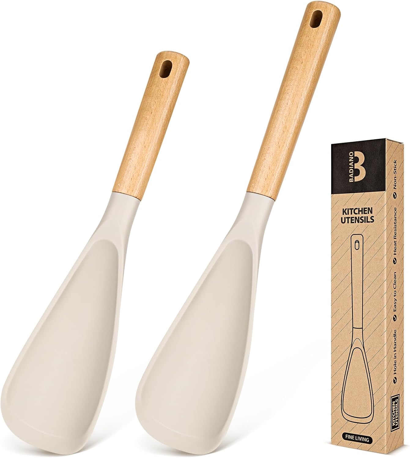 Multifunction Spatula Spoon for Nonstick Cookwares, Great for Cooking and Serving, Sturdy BPA-Free Matte Silicone, Wood Handle Spatula for Mixing, Scoop, and Scrape, Khaki(2 pack,11.4" & 13.4")