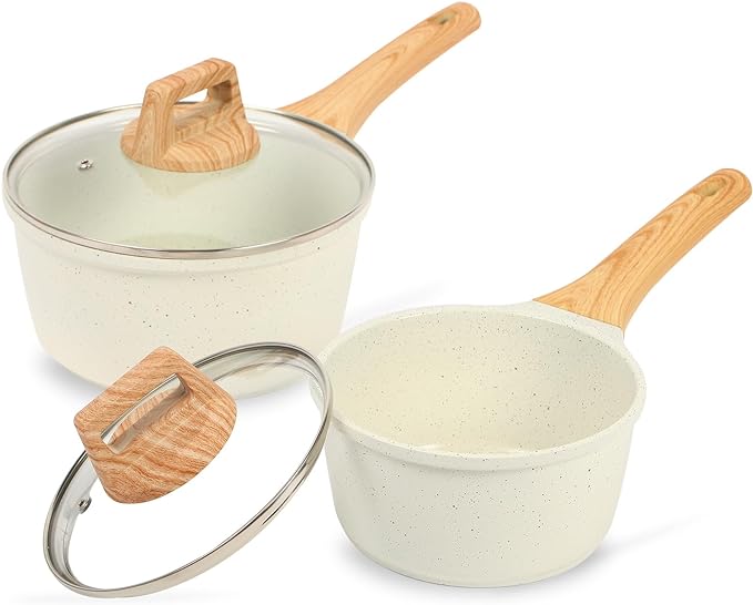 ESLITE LIFE 1.5 QT & 2.5 QT Sauce Pan Set with Lids, Nonstick Small Soup Pot Compatible with All Stovetops (Gas, Electric & Induction), PFOA Free, White