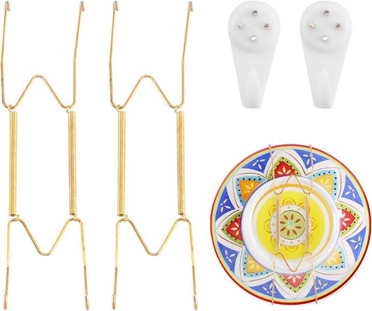 2 Pack Plate Hangers for The Wall Suitable for 9-11 inch Small Decorative Plate, Invisible Stainless Steel Plate Hangers for Display with Wall Hooks, for Plates/Platter/Dish/Picture(Gold)