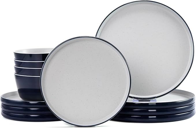 Melamine Dinnerware Sets,Plate and Bowl Set for 4,12 Pcs Dish Set with Lipped Edges,Lightweight and Reusable Dishware Sets for Camping,Dishwasher Safe,Good for Housewarming(Navy Blue,Gray)