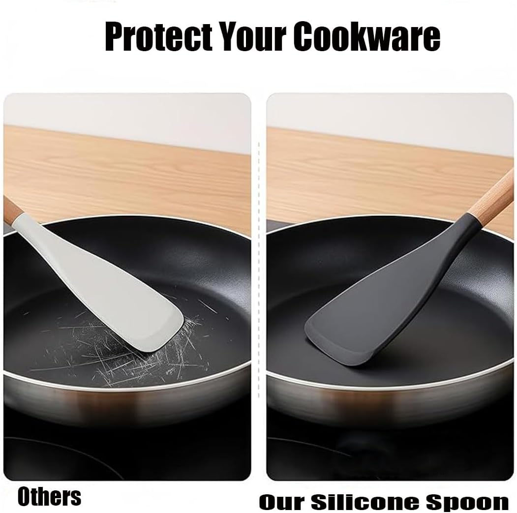 Spatula Spoons, Kitchen 3 In 1silicone Cooking Spoon One-Piece Design Multi-Function Spatula Scoon for Mixing, Scoop, and Scrape (Khaki)