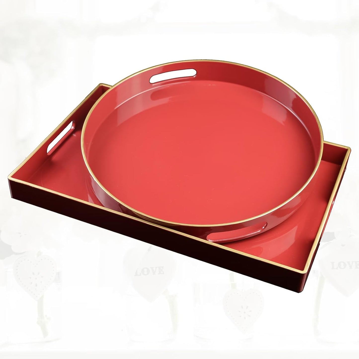Red Decorative Coffee Table Tray, Rectangular Plastic Serving Tray with Handles for Living Room, Ottoman, Bathroom, 15.7"*10.2"