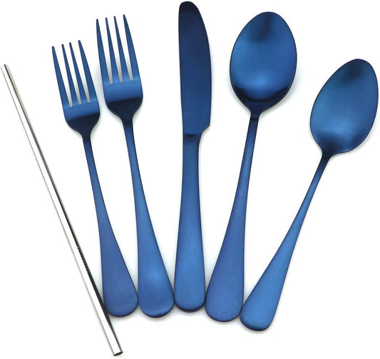JASHII Modern Royal 5 Pcs Matte Blue 18/10 Stainless Steel Utensils Cutlery Dinnerware Set w/Straw, Knife Fork and Spoon Flatware Set for Wedding Festival Christmas Party Service for 1