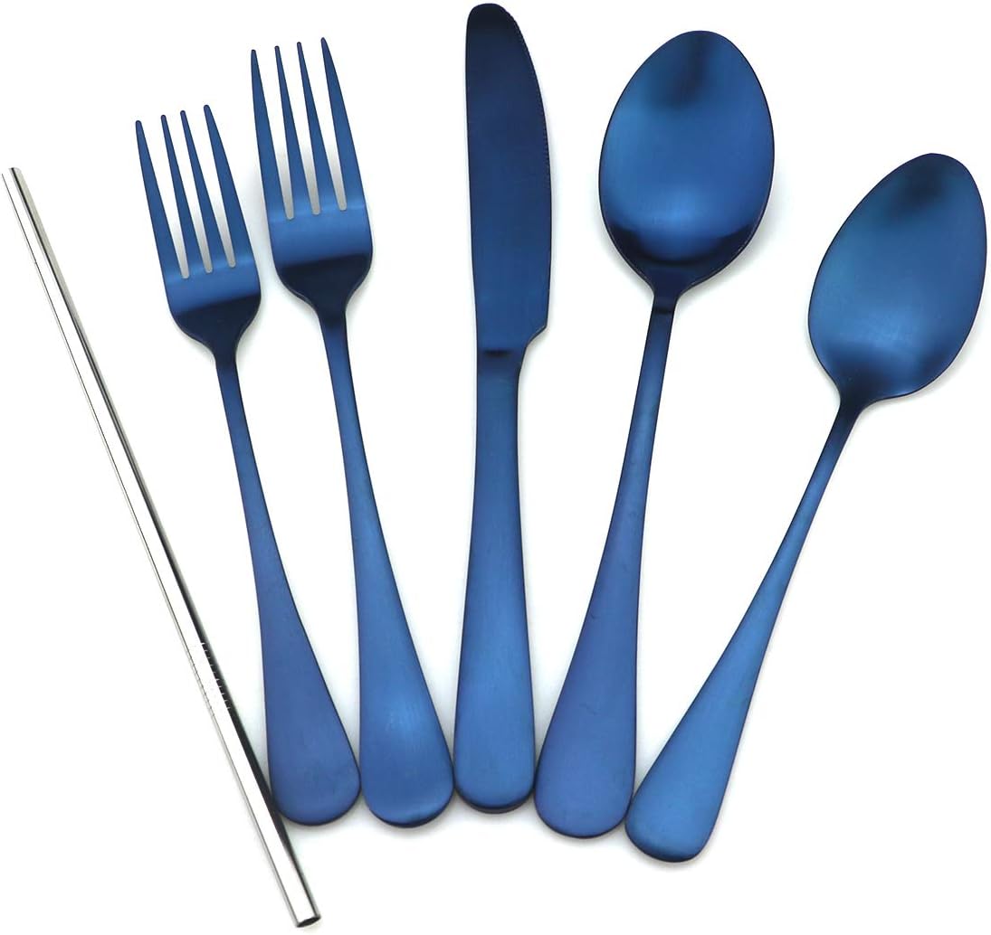 JASHII Modern Royal 20 Pcs Blue 18/10 Stainless Steel Utensils Cutlery Dinnerware Set w/ 4 Pcs Straw, Knife Fork and Spoon Flatware Set for Wedding Festival Christmas Party Service for 4