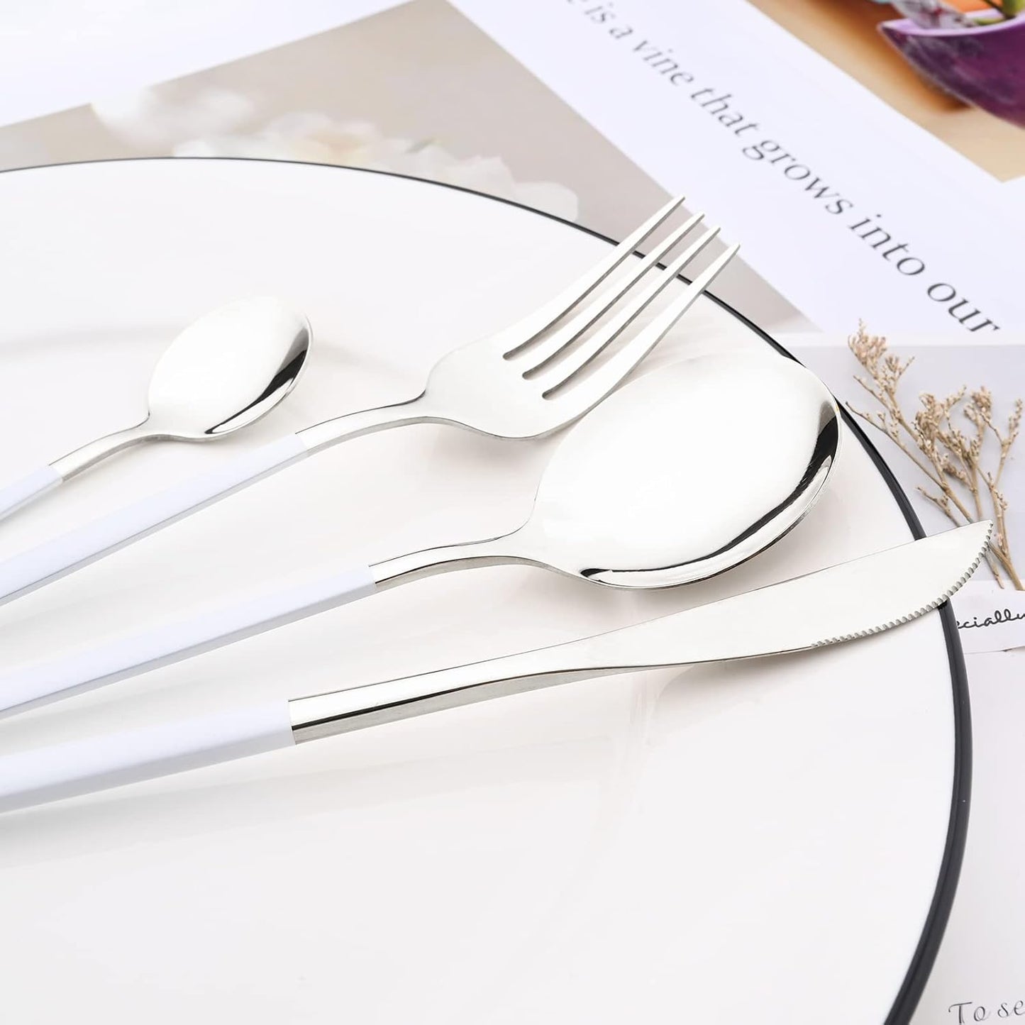 Mirror Cutlery Serving Set, 24-piece 18/0 Stainless Steel Silverware With White Handle Simple & Modern Tableware For Home Party Restaurant Christmas Dinner, Service For 6 (White Silver)