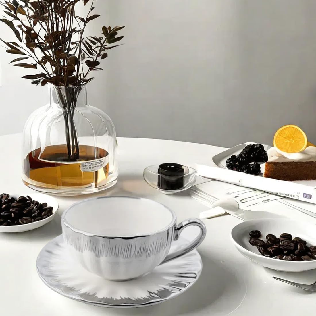 6 Teacups Tea Tray Spoon Set, 6oz with Galvanized Gold Rim and Gift Box, Ceramic White English Coffee Teacup (silver, Large)