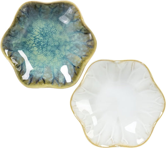 2Pcs Ceramic Jewelry Dish - Lotus Leaf Shape, for Ring Holder Necklace Small Key, Suitable for Mother Friend Sister, Gifts for Women, Cute Plate Trinket Tray, Home Decor (Crystal Green & White)