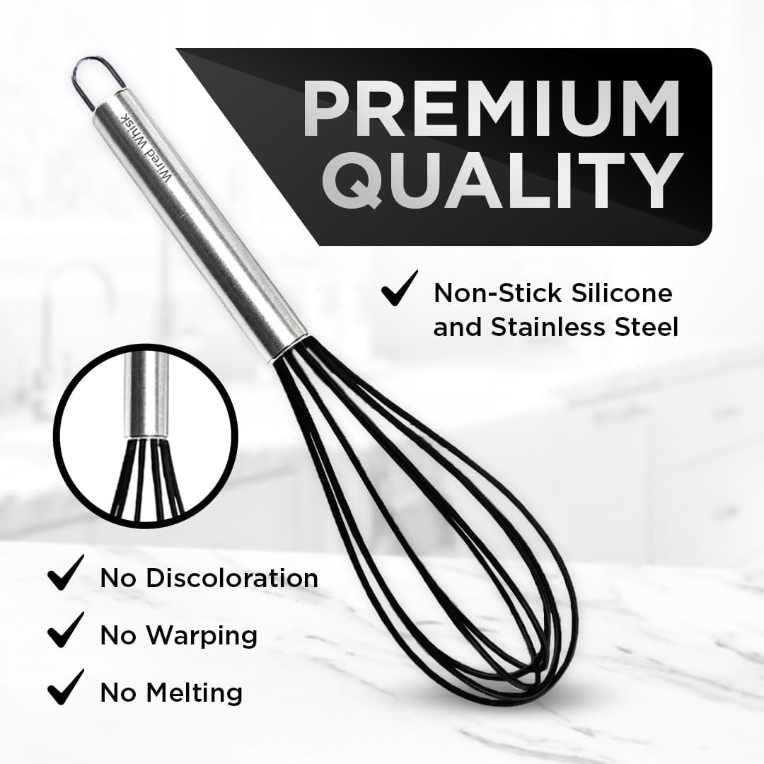 Silicone Whisk Set of 3 - Stainless Steel & Silicone Non-Stick Coating – wisking tool, Whisking, mini whisk, whisks for cooking (12-inch, 10-inch & 8.5-inch), egg whisk
