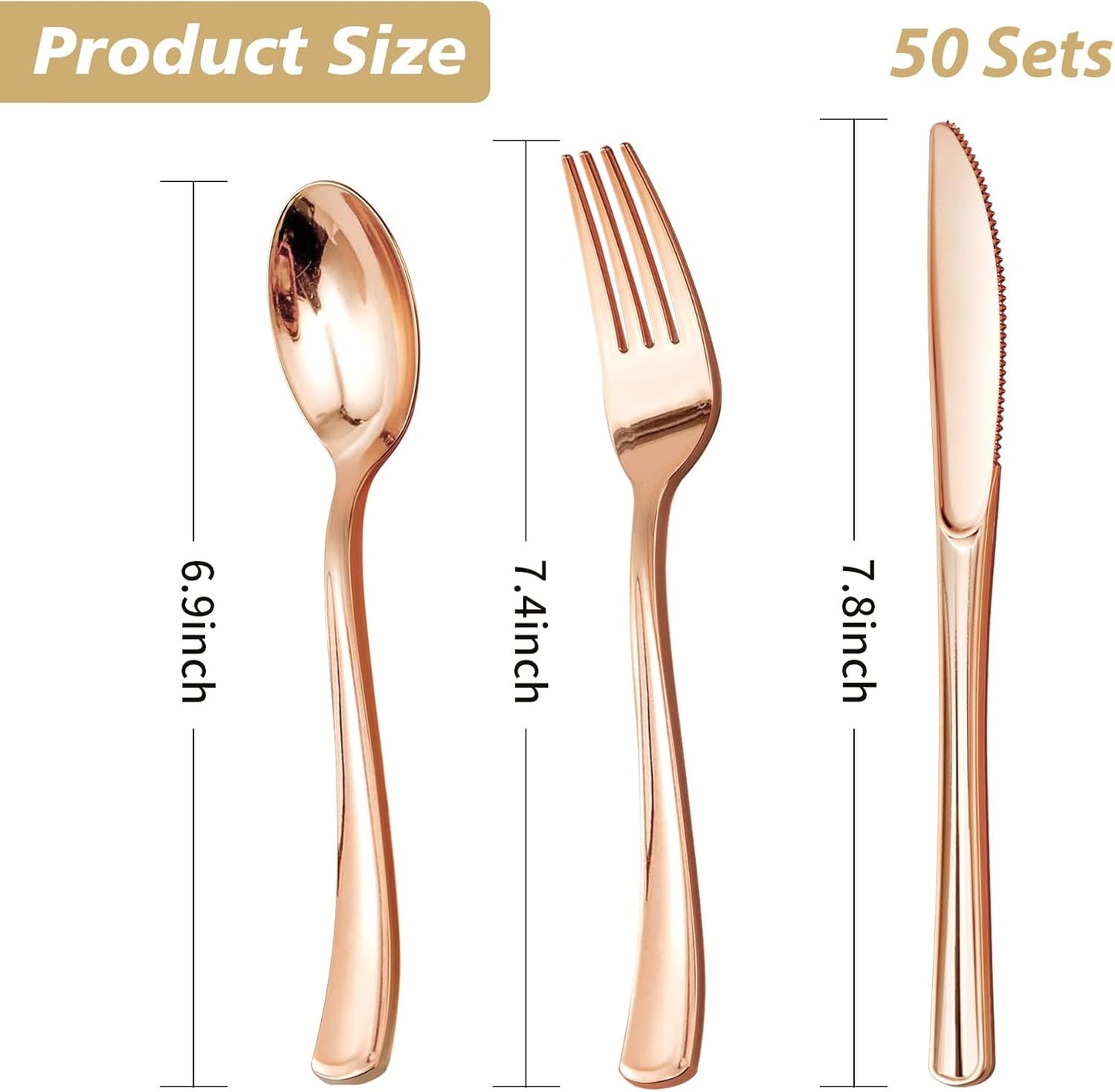 Goodluck 150PCS Rose Gold Plastic Silverware, Rose Gold Utensil Disposable, Plastic Cutlery Set of 50 Forks, 50 Spoons, 50 Knives for Wedding, Party, Valentines