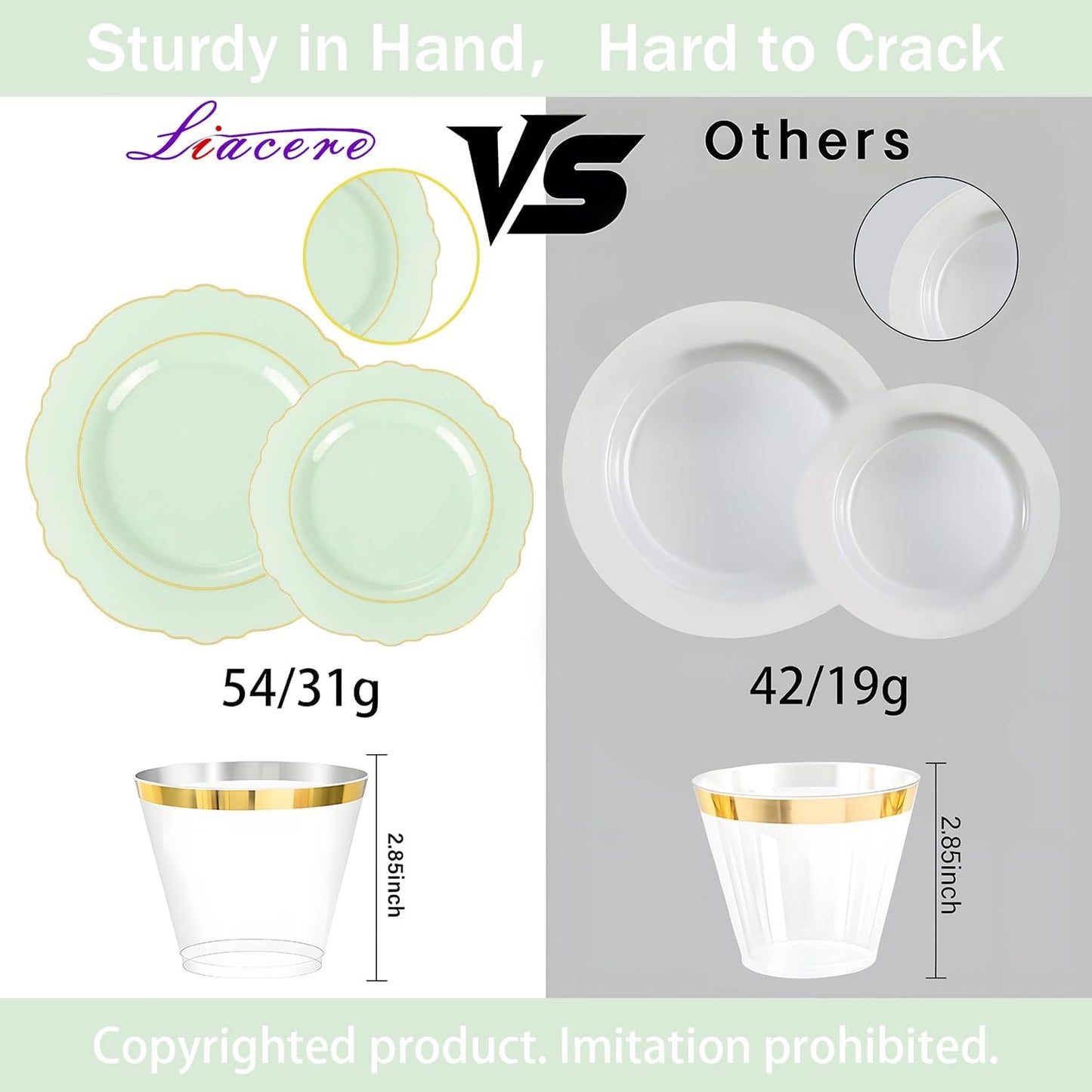 Liacere 350PCS Light Green Plates - Disposable Green and Gold Plastic Plates 50guest Baroque Dinnerware include 100Plates,50Pack Pre Rolled Napkins with Silverware 50Cups for Mother's Day