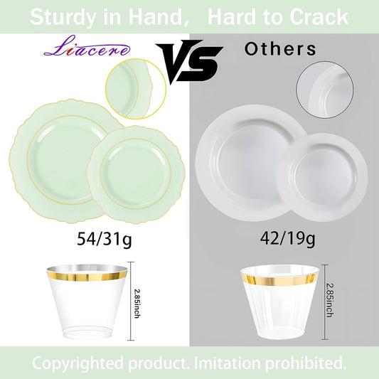 Liacere 350PCS Light Green Plates - Disposable Green and Gold Plastic Plates 50guest Baroque Dinnerware include 100Plates,50Pack Pre Rolled Napkins with Silverware 50Cups for Mother's Day