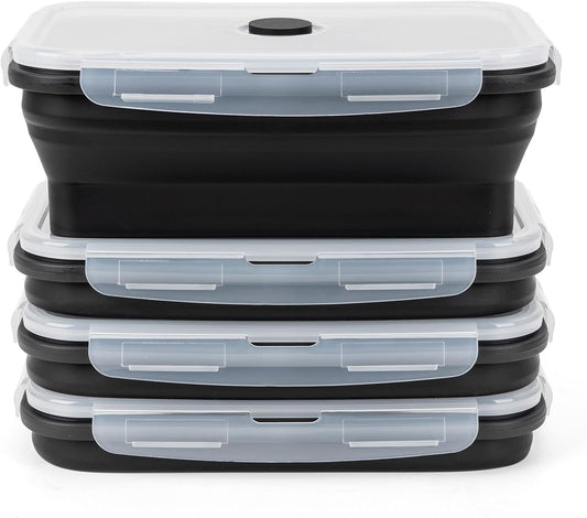 Collapsible Silicone Food Storage Containers Set with Lid & Air Vent,Foldable Lunch Containers(4PCS,Black,40oz)