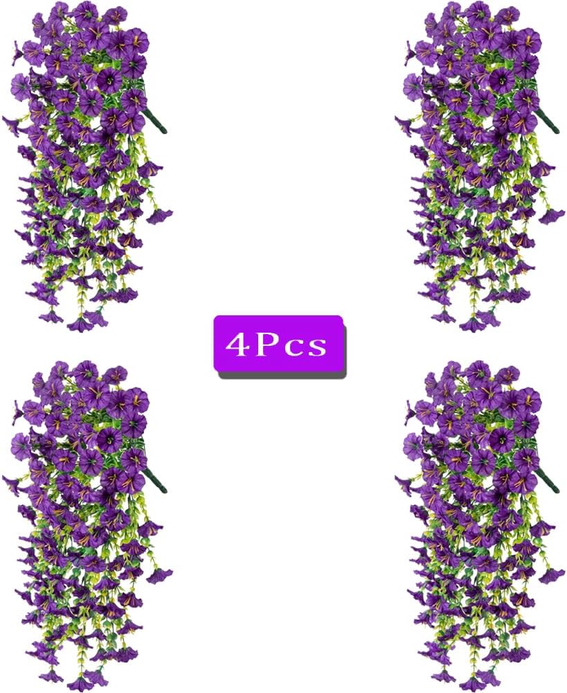 Jasion 4 Bundles Artificial Hanging Flowers Outdoor Realistic Morning Glory Silk Fake Plants UV Resistant for Porch Balcony Fence Decor (Purple)