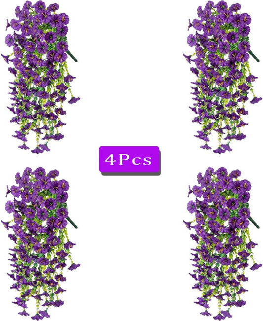 Jasion 4 Bundles Artificial Hanging Flowers Outdoor Realistic Morning Glory Silk Fake Plants UV Resistant for Porch Balcony Fence Decor (Purple)
